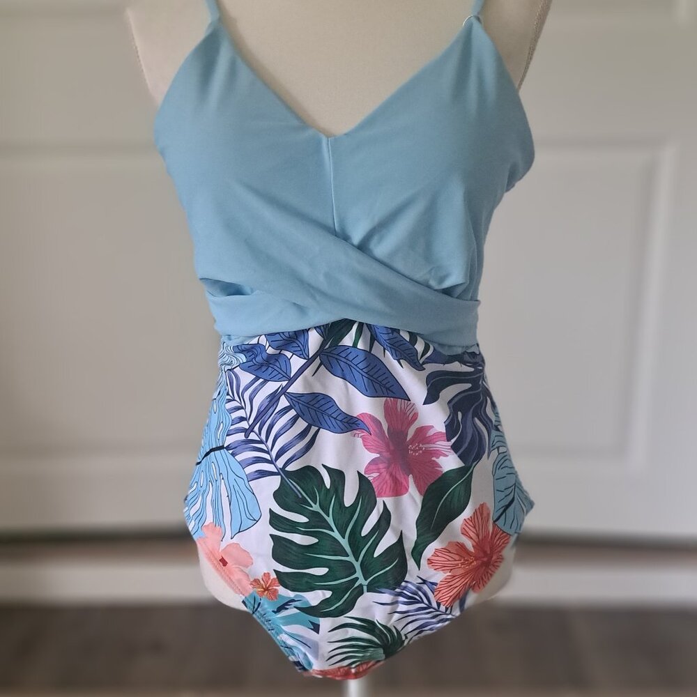 Binlowis V-Neck Push up One Piece Swimsuit Blue/Floral Print XL NWT
